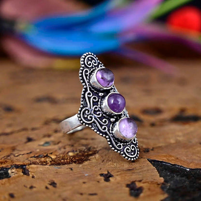 Natural Amethyst Ring Sterling Silver Ring  Bridesmaid Ring Silver Ring Ring For Women Boho Hippie Ring Purple Quartz Jewelry