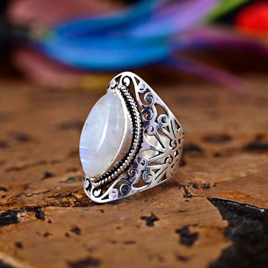 Rainbow Moonstone Ring, Boho Sterling Silver Ring for Women, Statement Ring, Big Stone Gemstone, Bohemian Jewelry