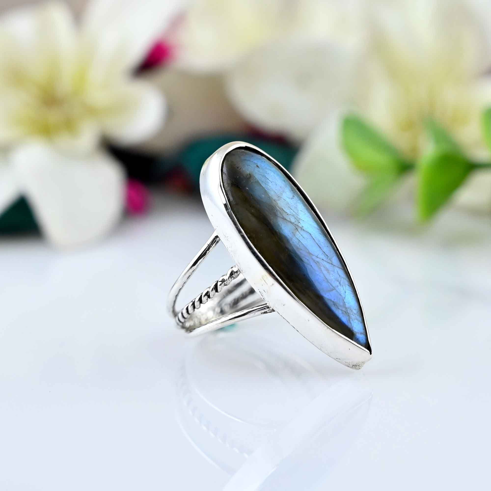 Sterling Silver Labradorite Ring, Pear Labradorite Ring, cool silver ring, Teardrop ring,  Anniversary gift, gift for her, Gift for wife