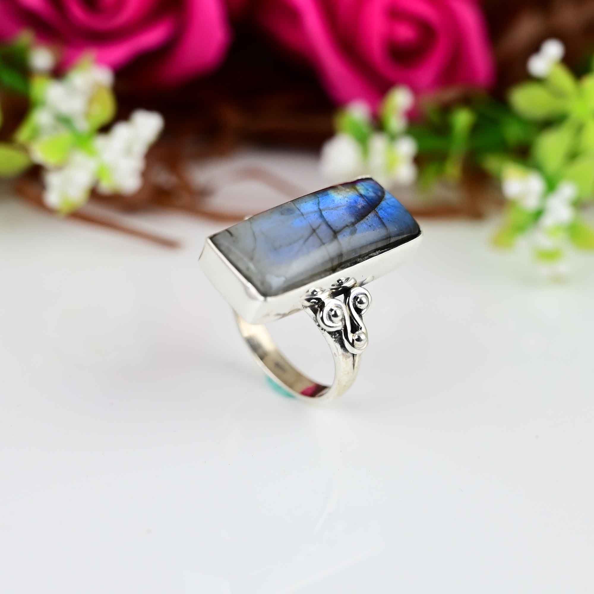 Labradorite Ring, Rectangle Rainbow Labradorite Ring, Statement Ring, Sterling Silver 925, Bohemian Ring, Gift For Her,