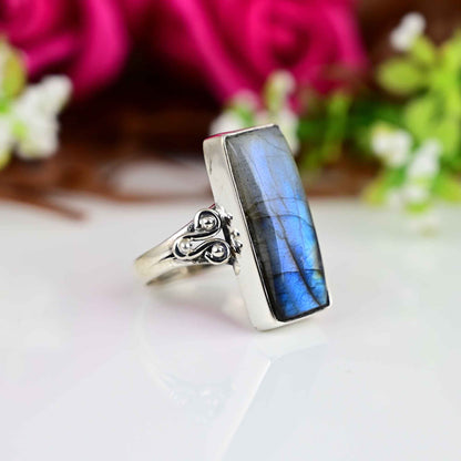 Labradorite Ring, Rectangle Rainbow Labradorite Ring, Statement Ring, Sterling Silver 925, Bohemian Ring, Gift For Her,