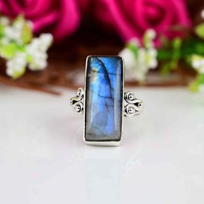 Labradorite Ring, Rectangle Rainbow Labradorite Ring, Statement Ring, Sterling Silver 925, Bohemian Ring, Gift For Her,