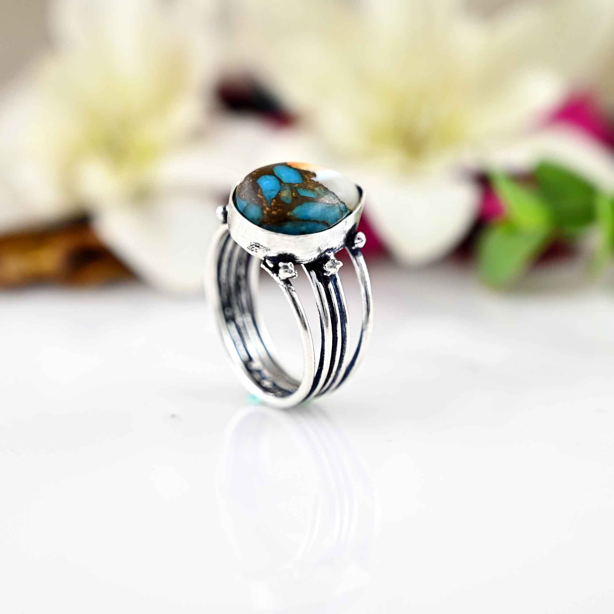 Oyster Copper Turquoise Ring , 925 Sterling Silver Ring , Wedding Ring , Promise Ring , Gift for Women , Silver Jewelry, Gift for her