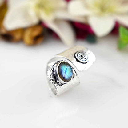 Boho Labradorite Ring, Silver Adjustable  Ring,  Thumb Ring Women, Long Ring, Gemstone Ring, Boho Jewellery