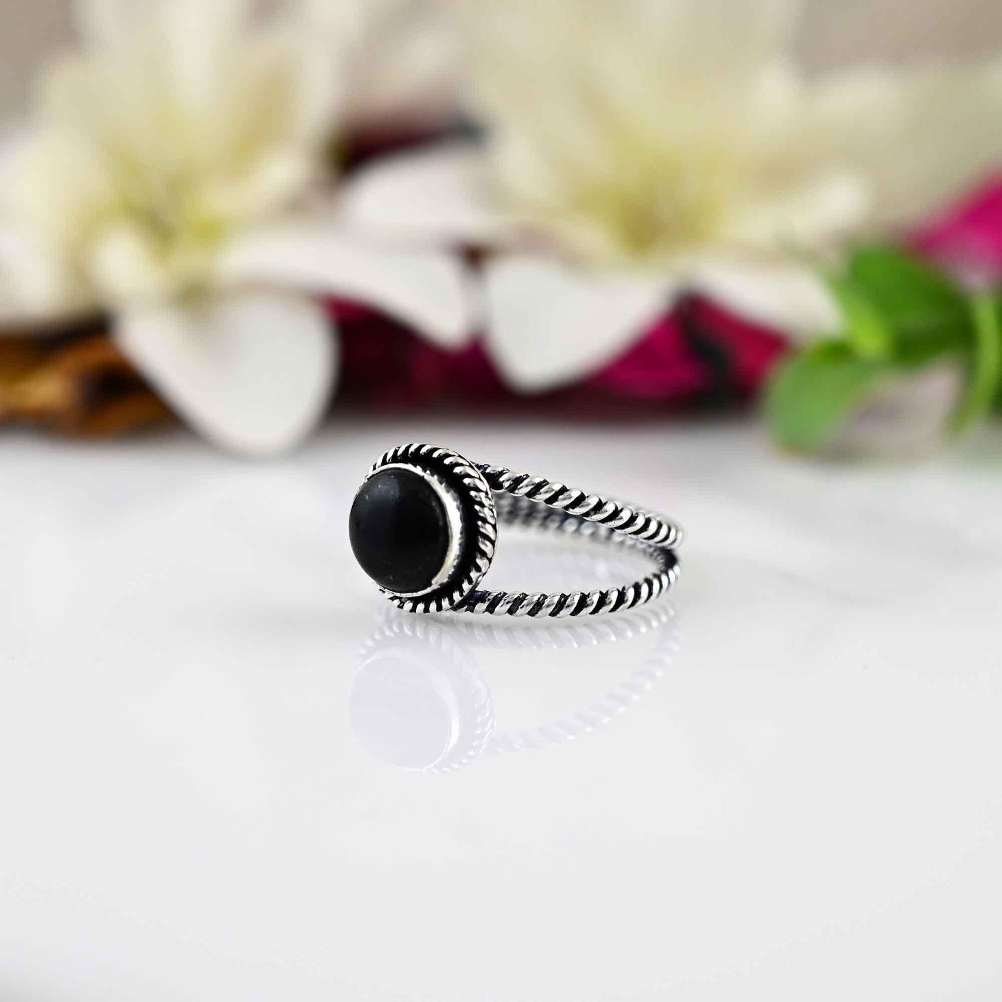 Black Tourmaline Ring Natural Gemstone 925 Solid Sterling Silver Rings for women, Round Shape Ring Gift For Her