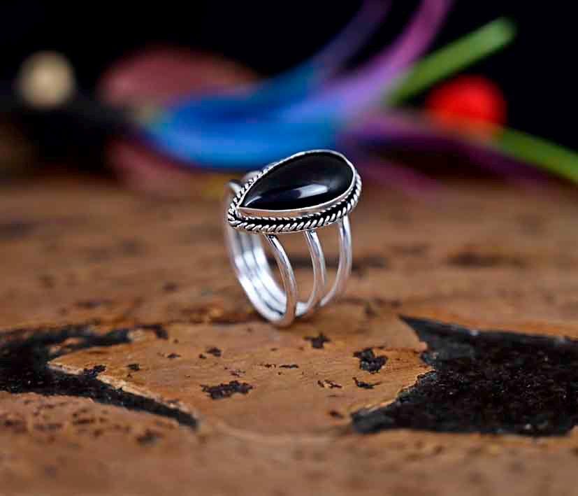 Pear Black Tourmaline Ring Gemstone Ring 925 Sterling Silver Ring Birthstone Ring Birthday Gift For Her Women Ring