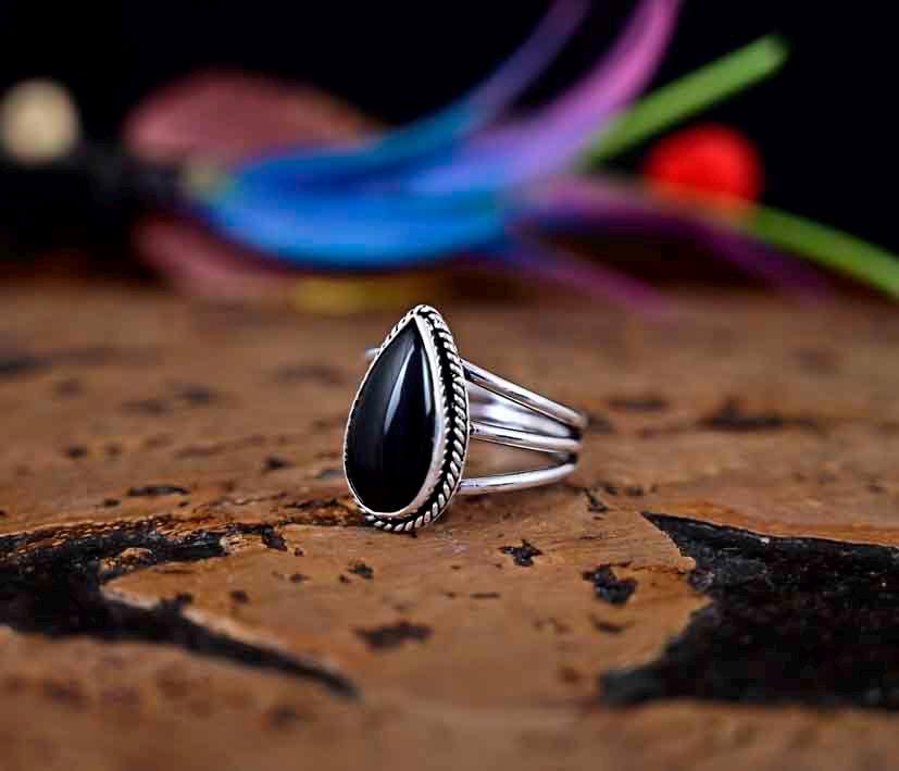 Pear Black Tourmaline Ring Gemstone Ring 925 Sterling Silver Ring Birthstone Ring Birthday Gift For Her Women Ring