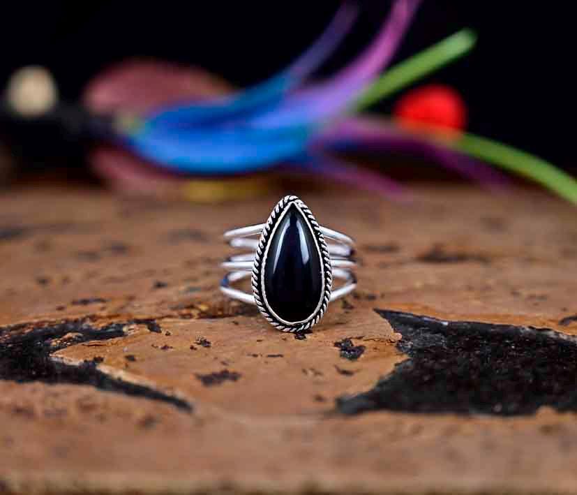 Pear Black Tourmaline Ring Gemstone Ring 925 Sterling Silver Ring Birthstone Ring Birthday Gift For Her Women Ring