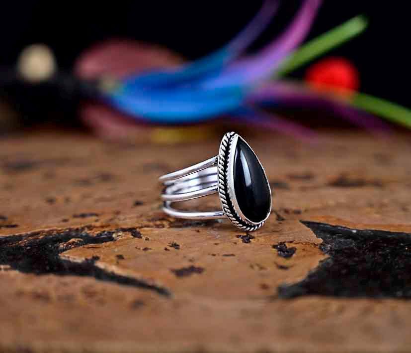 Pear Black Tourmaline Ring Gemstone Ring 925 Sterling Silver Ring Birthstone Ring Birthday Gift For Her Women Ring