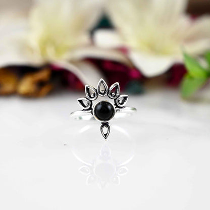 Black obsidian Ring- Dainty silver Ring- Black Stone Ring -Silver Band - Everyday silver Ring - Women Jewelry- Christmas gift - gift for mom