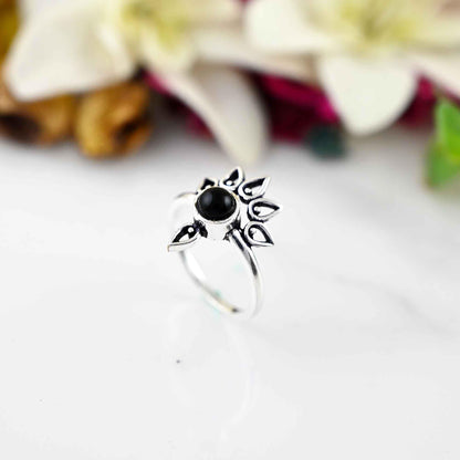 Black obsidian Ring- Dainty silver Ring- Black Stone Ring -Silver Band - Everyday silver Ring - Women Jewelry- Christmas gift - gift for mom