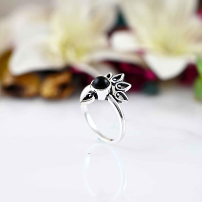 Black obsidian Ring- Dainty silver Ring- Black Stone Ring -Silver Band - Everyday silver Ring - Women Jewelry- Christmas gift - gift for mom