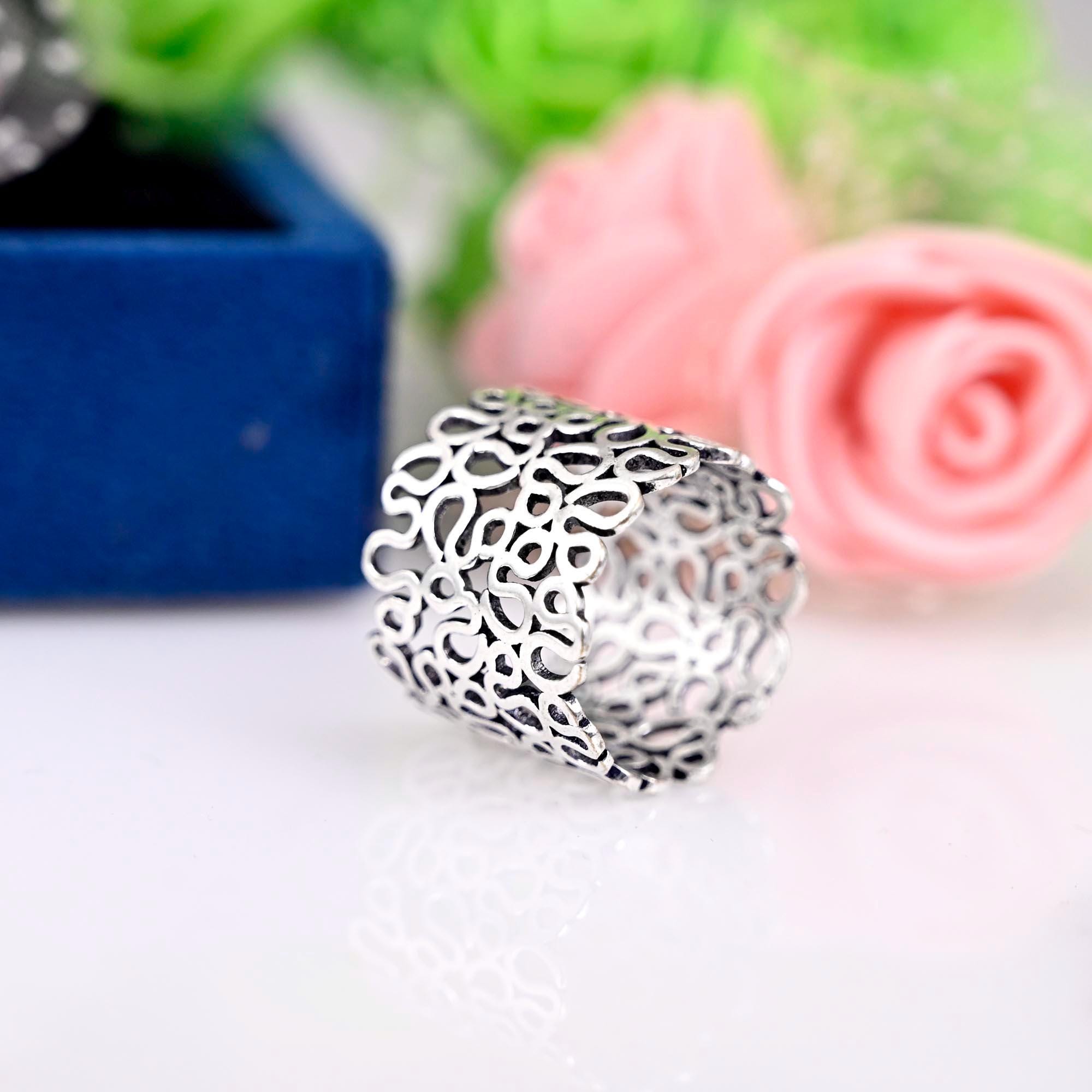 Sterling Silver Statement Ring, 925 Filigree - Openwork Lace, Promise Ring  Flower, Floral, Midi , Boho Jewelry - Bridesmaid Gift