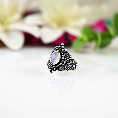 Minimalist Rainbow Moonstone ring, bridesmaid ring, Oval stone, stackable, Silver jewelry, blue flash, small, dainty, mother's day gift