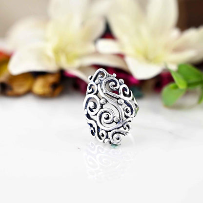 Filigree Long Wide Large Full Finger Big Flower of Life Chunky 925 Sterling Silver Ring, Boho Rings, Statement Bohemian Jewelry for Women,