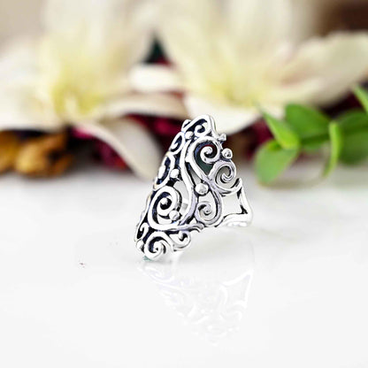 Filigree Long Wide Large Full Finger Big Flower of Life Chunky 925 Sterling Silver Ring, Boho Rings, Statement Bohemian Jewelry for Women,