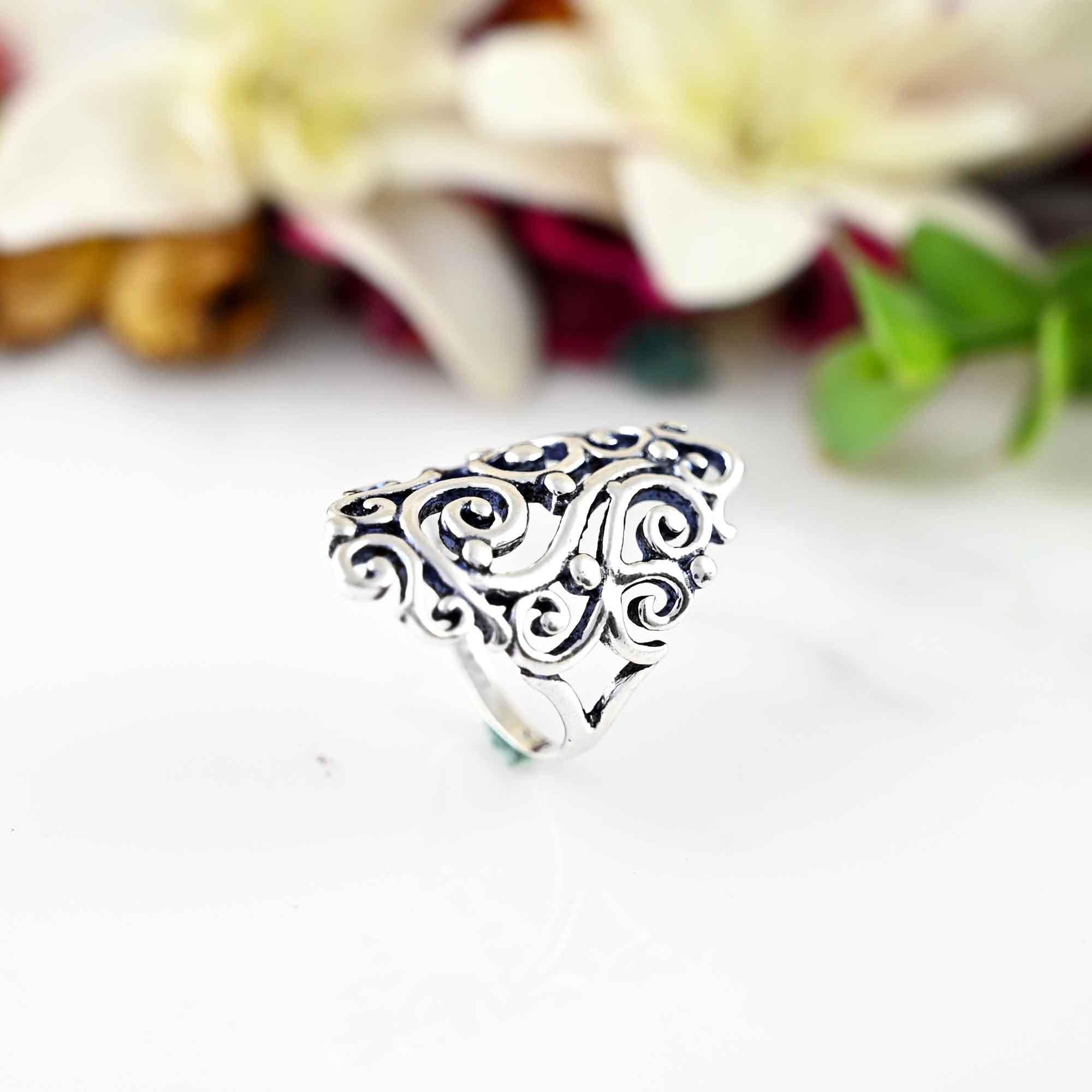 Filigree Long Wide Large Full Finger Big Flower of Life Chunky 925 Sterling Silver Ring, Boho Rings, Statement Bohemian Jewelry for Women,