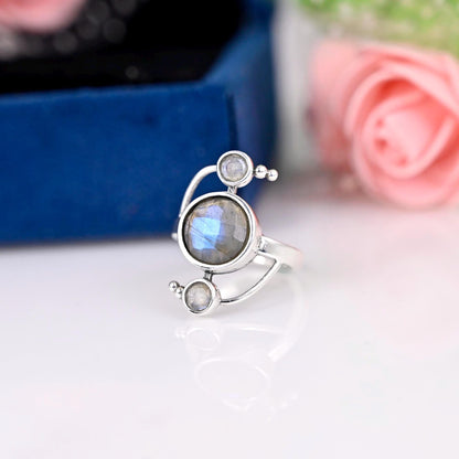 Natural Moonstone and Labradorite ring , Blue flashy two gemstone ring , Sterling silver labradorite ring , bridesmaid gift , gift for her