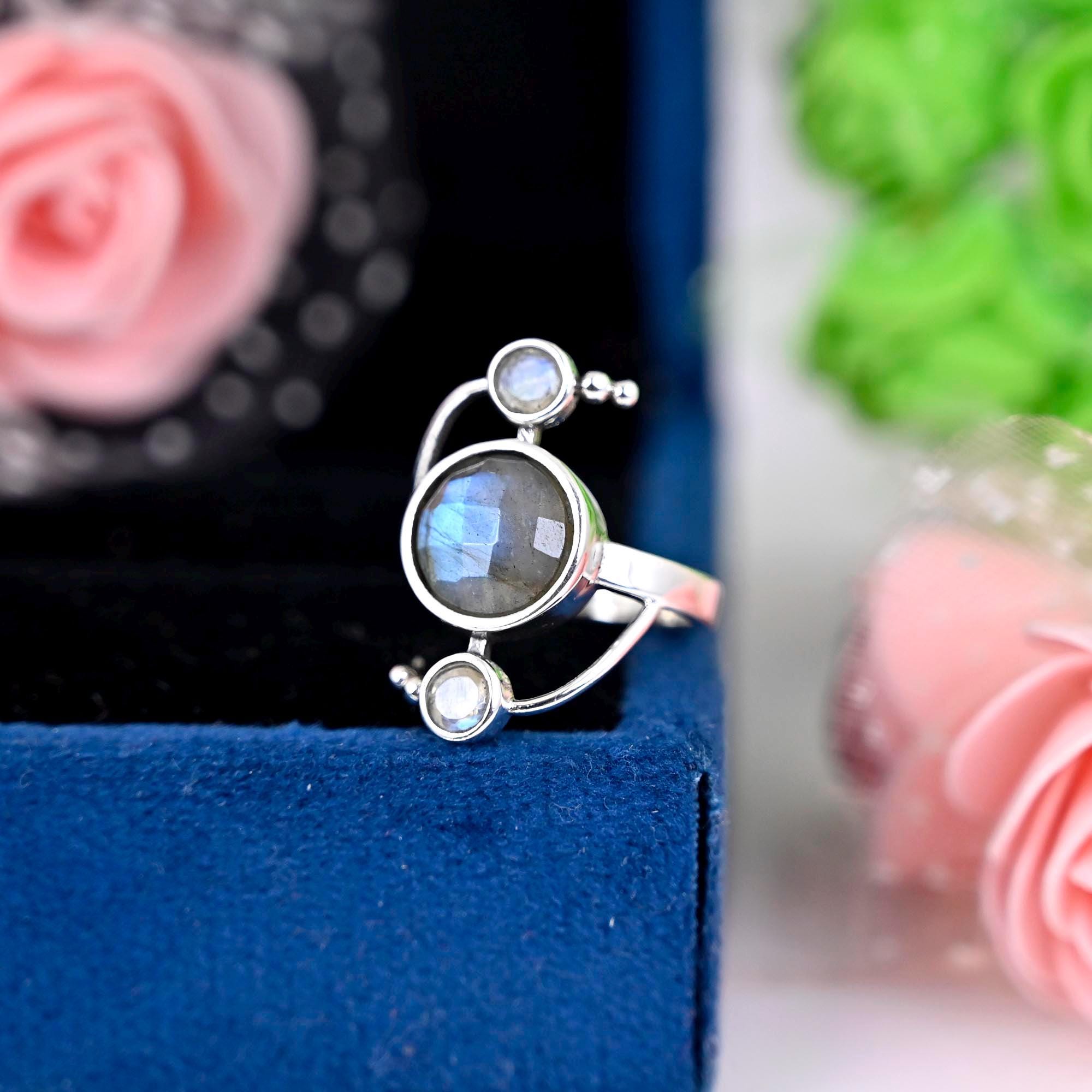 Natural Moonstone and Labradorite ring , Blue flashy two gemstone ring , Sterling silver labradorite ring , bridesmaid gift , gift for her