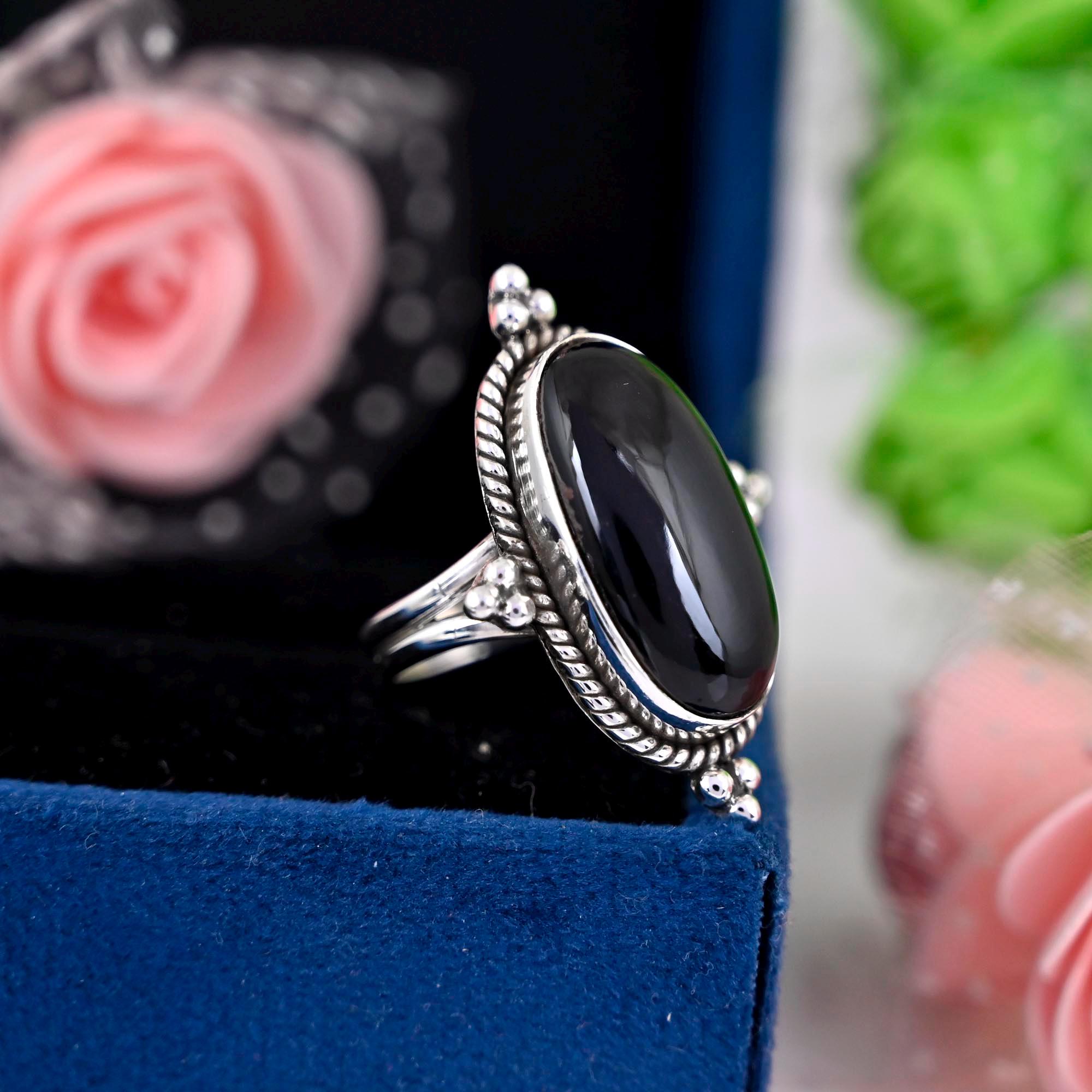 Black Obsidian Ring Oval Stone Ring 925 Sterling Silver Ring Women Gift Ring Silver Ring Obsidian Jewelry