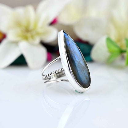 Sterling Silver Labradorite Ring, Pear Labradorite Ring, cool silver ring, Teardrop ring,  Anniversary gift, gift for her, Gift for wife