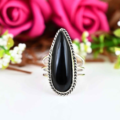 Black Obsidian Ring, Sterling Silver Ring, Simple Ring, Minimalist Delicate Ring, Tiny Dainty Ring, Obsidian Ring, Black Obsidian Jewelry