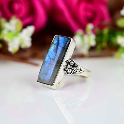 Labradorite Ring, Rectangle Rainbow Labradorite Ring, Statement Ring, Sterling Silver 925, Bohemian Ring, Gift For Her,