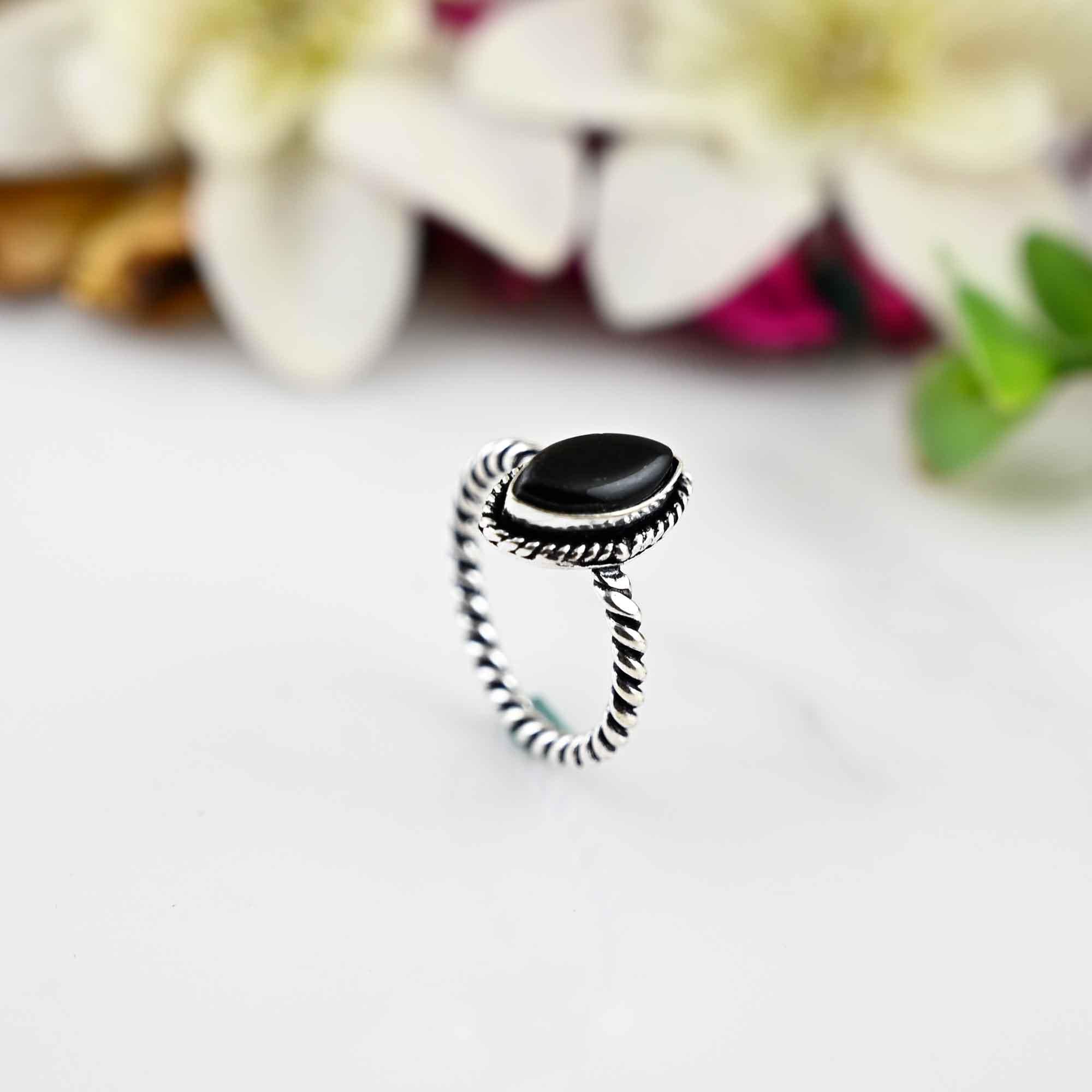 Black Obsidian Ring, Dainty Silver Ring, Black Stone Ring ,Silver Band Ring,  Everyday Silver Ring, Women Jewelry, Mother's  Day Gift