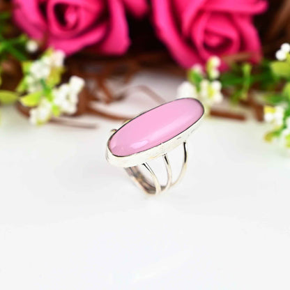 Natural Rose Quartz Ring, 925 Sterling Silver Ring, Long Stone Ring, Huge Ring, Bohemian Ring,  Mom Gift, Statement Ring, Gift for Her