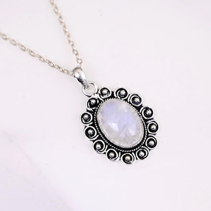 Sterling Silver Necklace for Women, Rainbow Moonstone Necklace, Boho Jewelry, Pendant Charm Stone Gemstone Necklace