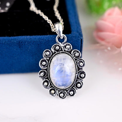 Sterling Silver Necklace for Women, Rainbow Moonstone Necklace, Boho Jewelry, Pendant Charm Stone Gemstone Necklace