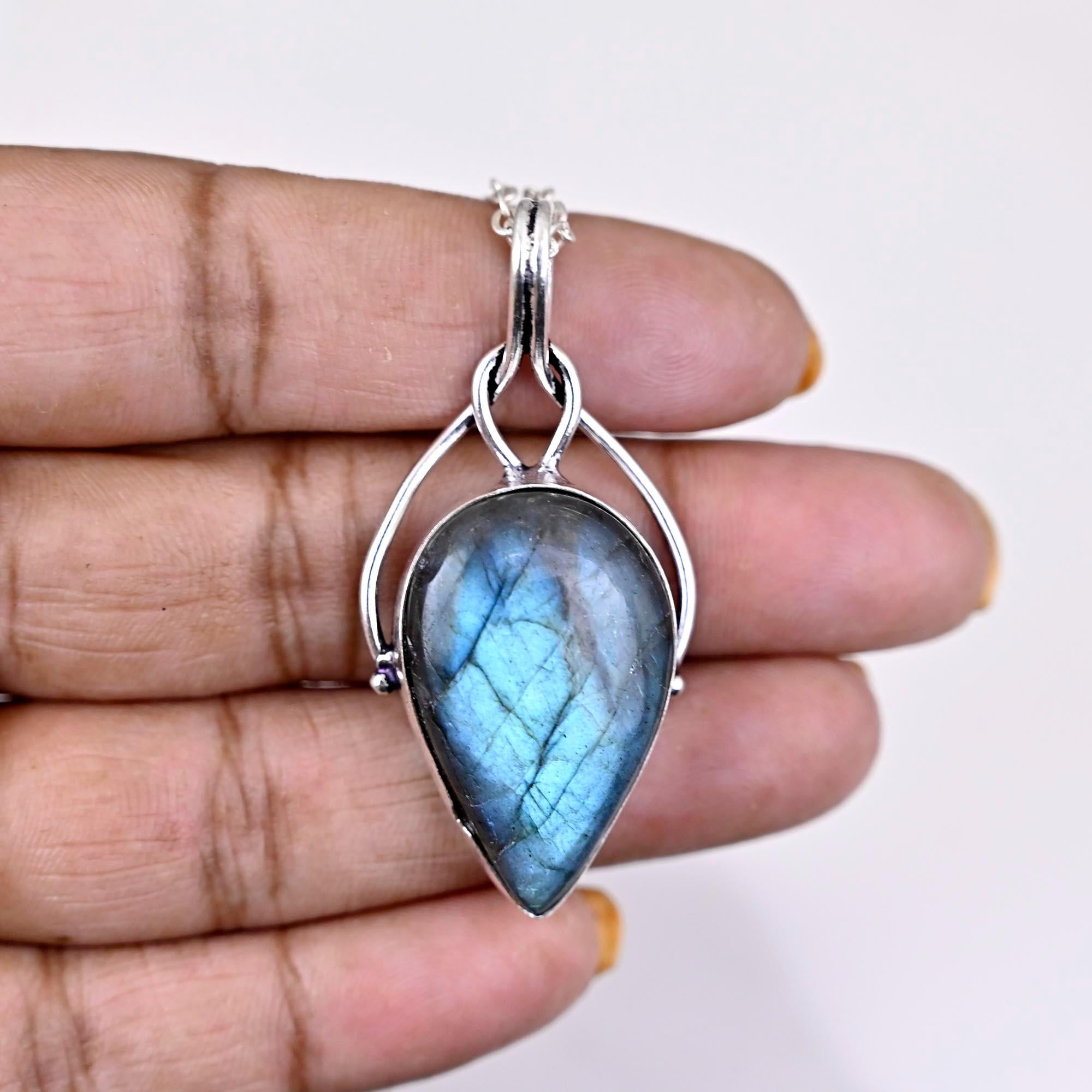 Blue Fire Labradorite Pendant Silver Wire Wrapped Jewelry Gemstone Pendant Handmade Jewelry Silver Wire Pendant For Gifts Birthstone Pendant