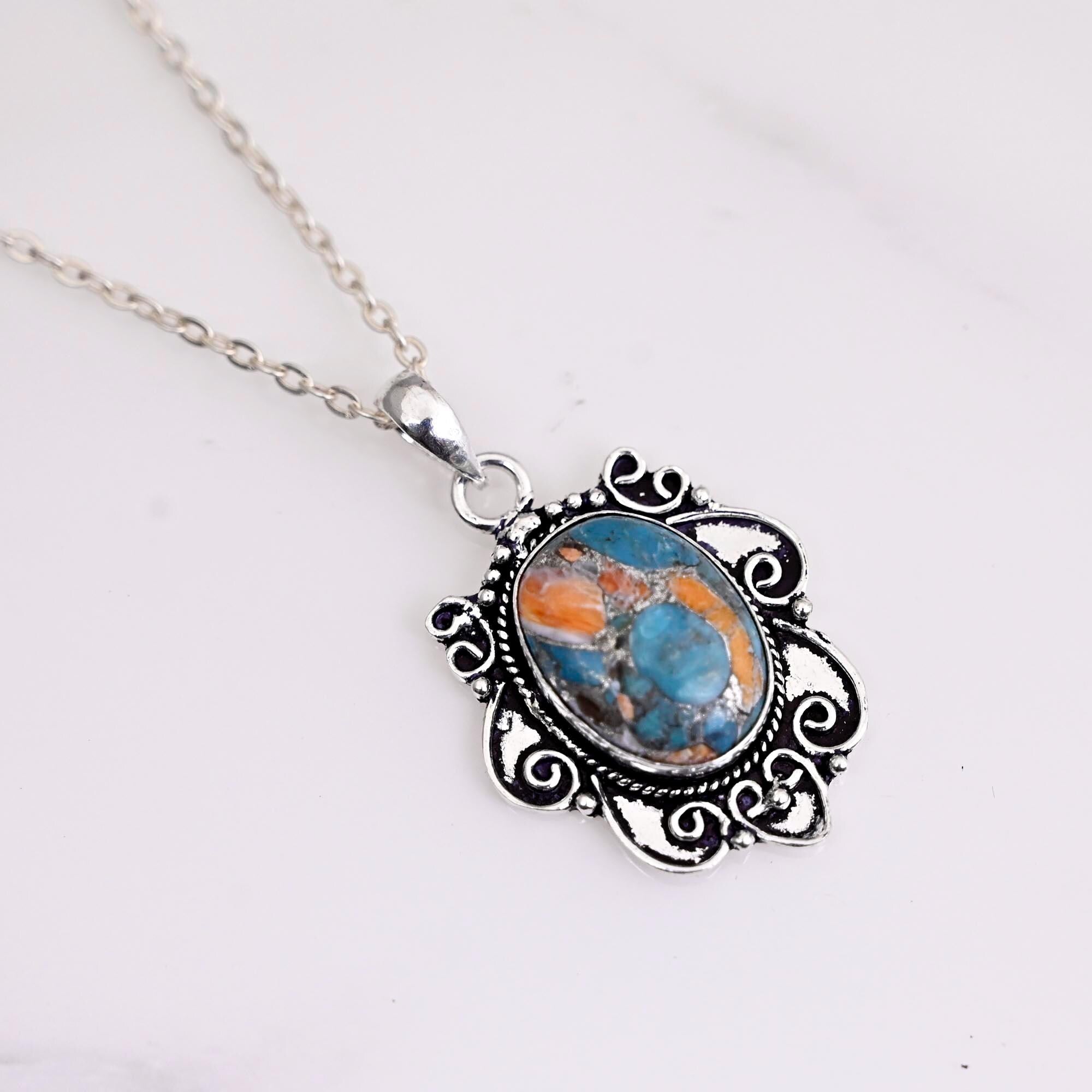 925 Sterling Silver Oyster Copper Turquoise Necklace Pendant For Women, Handmade Silver Oval Gemstone Bohemian Pendant Gifts For Her