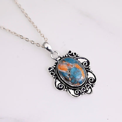 925 Sterling Silver Oyster Copper Turquoise Necklace Pendant For Women, Handmade Silver Oval Gemstone Bohemian Pendant Gifts For Her