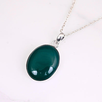 Green onyx necklace, Delicate necklace, Boho green necklace, Green Oval Stone necklace, Sterling silver green necklace