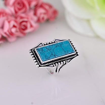 Turquoise Solid 925 Sterling Silver Ring For Women, Rectangle Ring For Wedding Anniversary Gift For Her