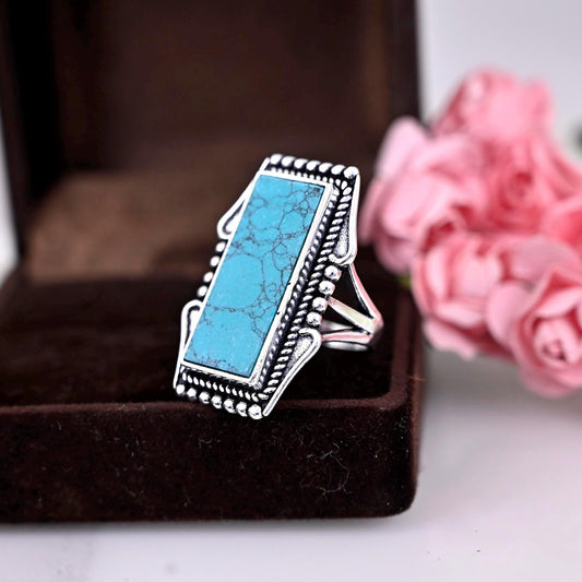 Turquoise Solid 925 Sterling Silver Ring For Women, Rectangle Ring For Wedding Anniversary Gift For Her