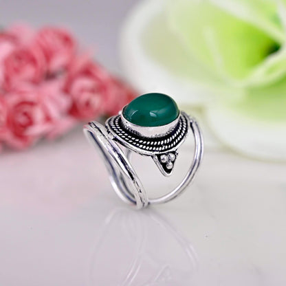 Natural Green Onyx Ring, Handmade Gemstone Ring, 925 Sterling Silver, Statement Ring, Cocktail Ring,Gift for her, Oval Shape Green Onyx Ring