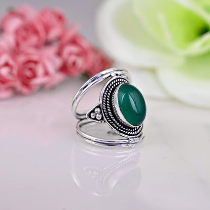 Natural Green Onyx Ring, Handmade Gemstone Ring, 925 Sterling Silver, Statement Ring, Cocktail Ring,Gift for her, Oval Shape Green Onyx Ring