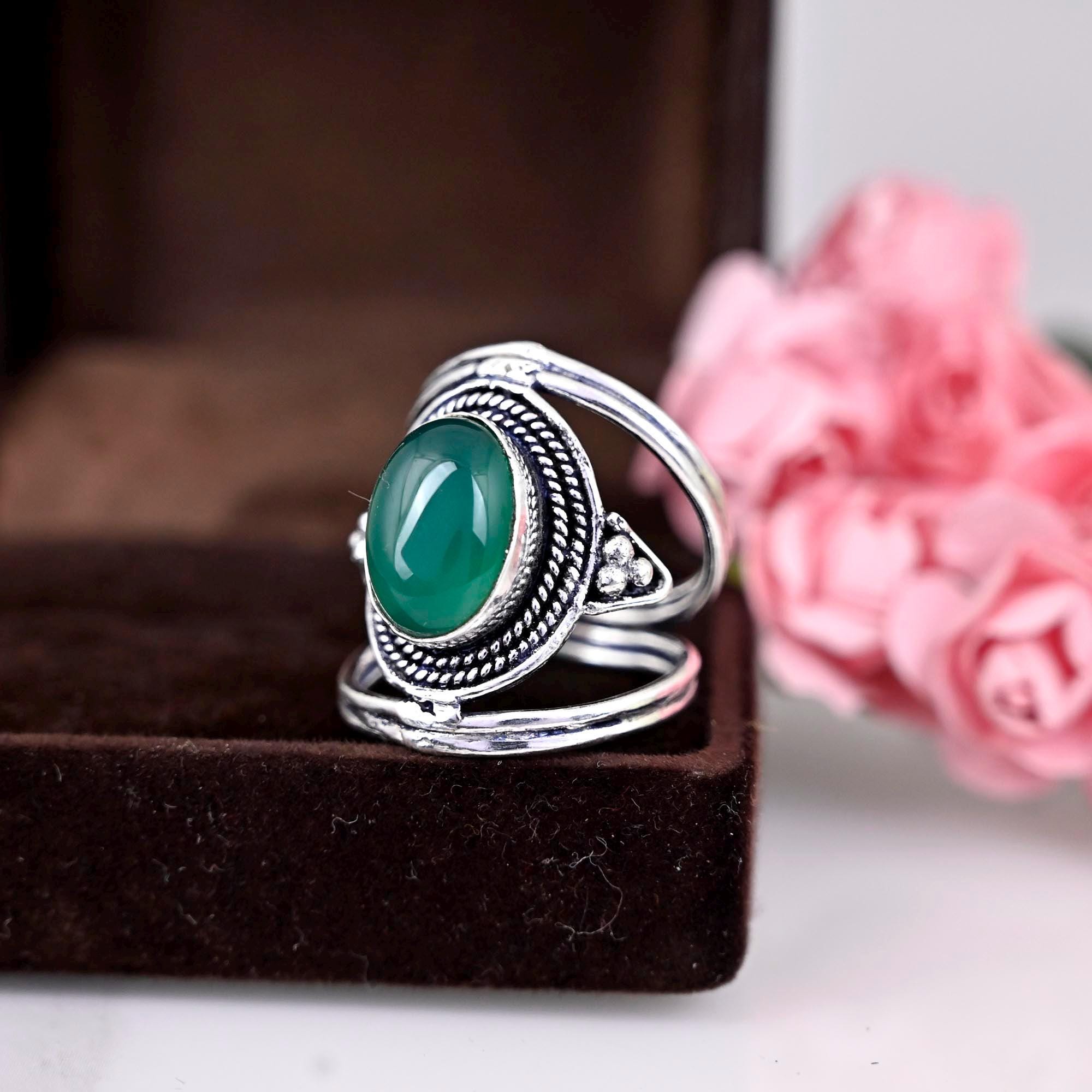 Natural Green Onyx Ring, Handmade Gemstone Ring, 925 Sterling Silver, Statement Ring, Cocktail Ring,Gift for her, Oval Shape Green Onyx Ring