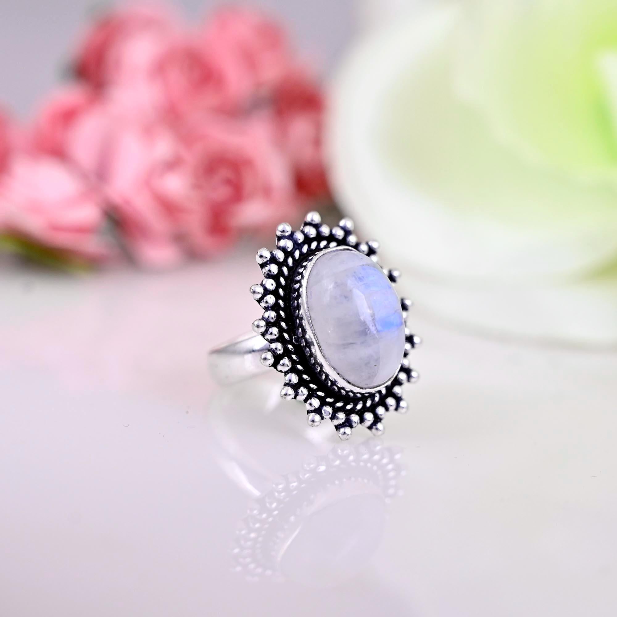 Genuine Moonstone Ring, Moonstone Silver Ring, Moonstone Ring, Moon stone Ring, Boho Ring, Rainbow Moonstone Ring, Birthday Gift For Her