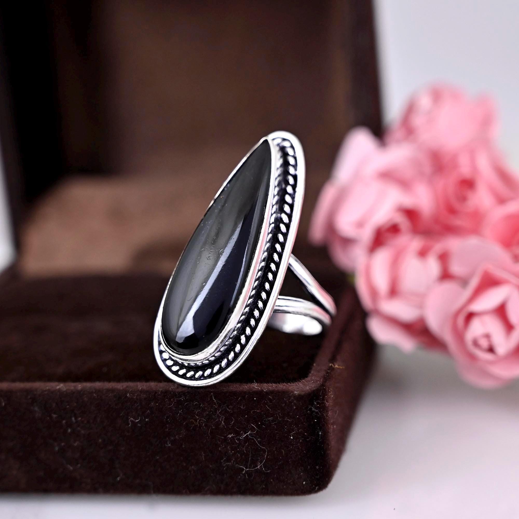 Black Obsidian Ring, 925 sterling silver ring, women gift ring, gemstone ring, silver ring, teardrop black obsidian, obsidian jewelry ,