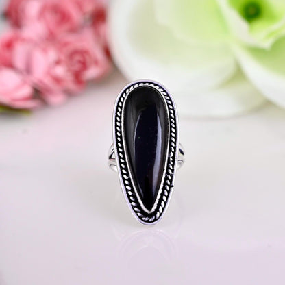 Black Obsidian Ring, 925 sterling silver ring, women gift ring, gemstone ring, silver ring, teardrop black obsidian, obsidian jewelry ,