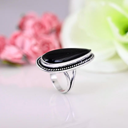 Black Obsidian Ring, 925 sterling silver ring, women gift ring, gemstone ring, silver ring, teardrop black obsidian, obsidian jewelry ,