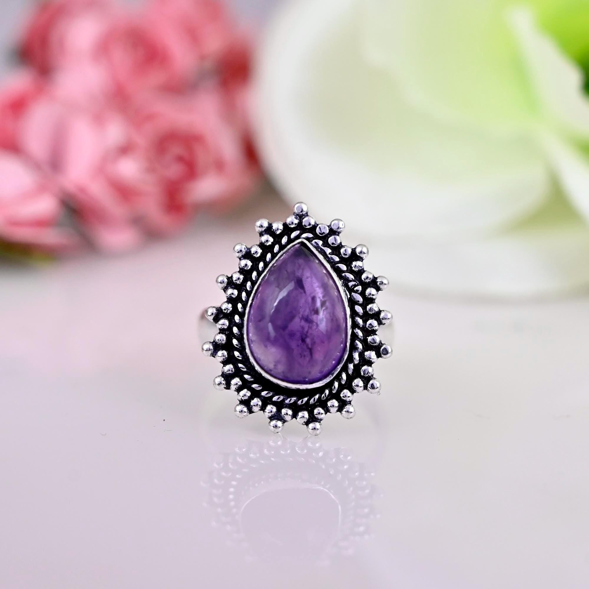 Genuine Amethyst Engagement Ring, Statement Rings Rings For Women 925 Sterling Silver Ring Promise Ring Birthstone Ring Bohemian Jewelry,