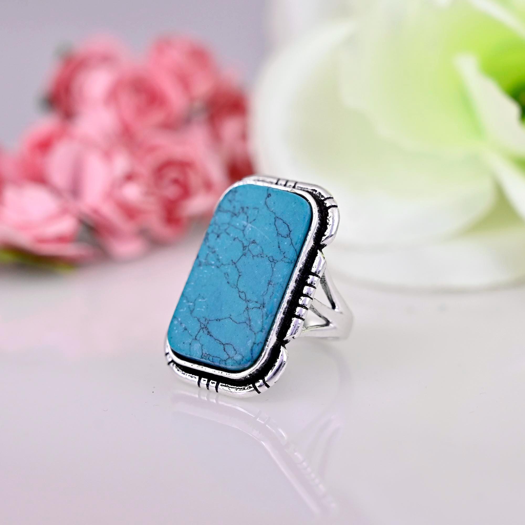 925 Sterling Silver Rings For Women, Turquoise Ring, Blue Rectangle  Cabochon Gemstone Ring, Engagement, Boho, Gift For Her