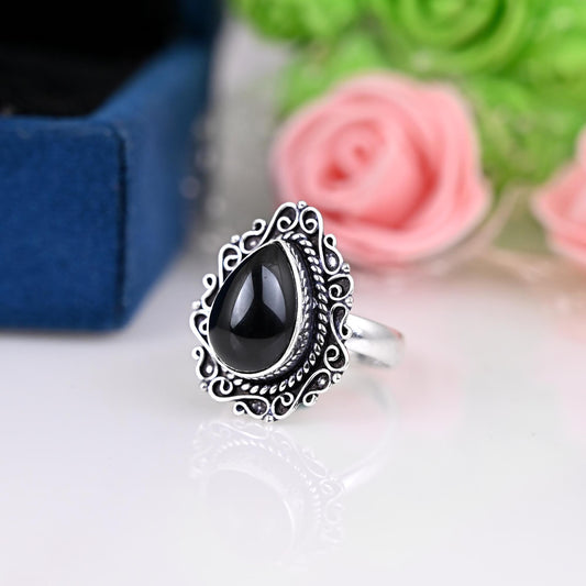 Genuine Black Onyx Ring, Black Onyx Teardrop Ring, Black Onyx Pear Ring, Black Onyx Statement Ring, Boho Silver Ring, Black Stone Ring