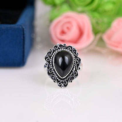 Genuine Black Onyx Ring, Black Onyx Teardrop Ring, Black Onyx Pear Ring, Black Onyx Statement Ring, Boho Silver Ring, Black Stone Ring