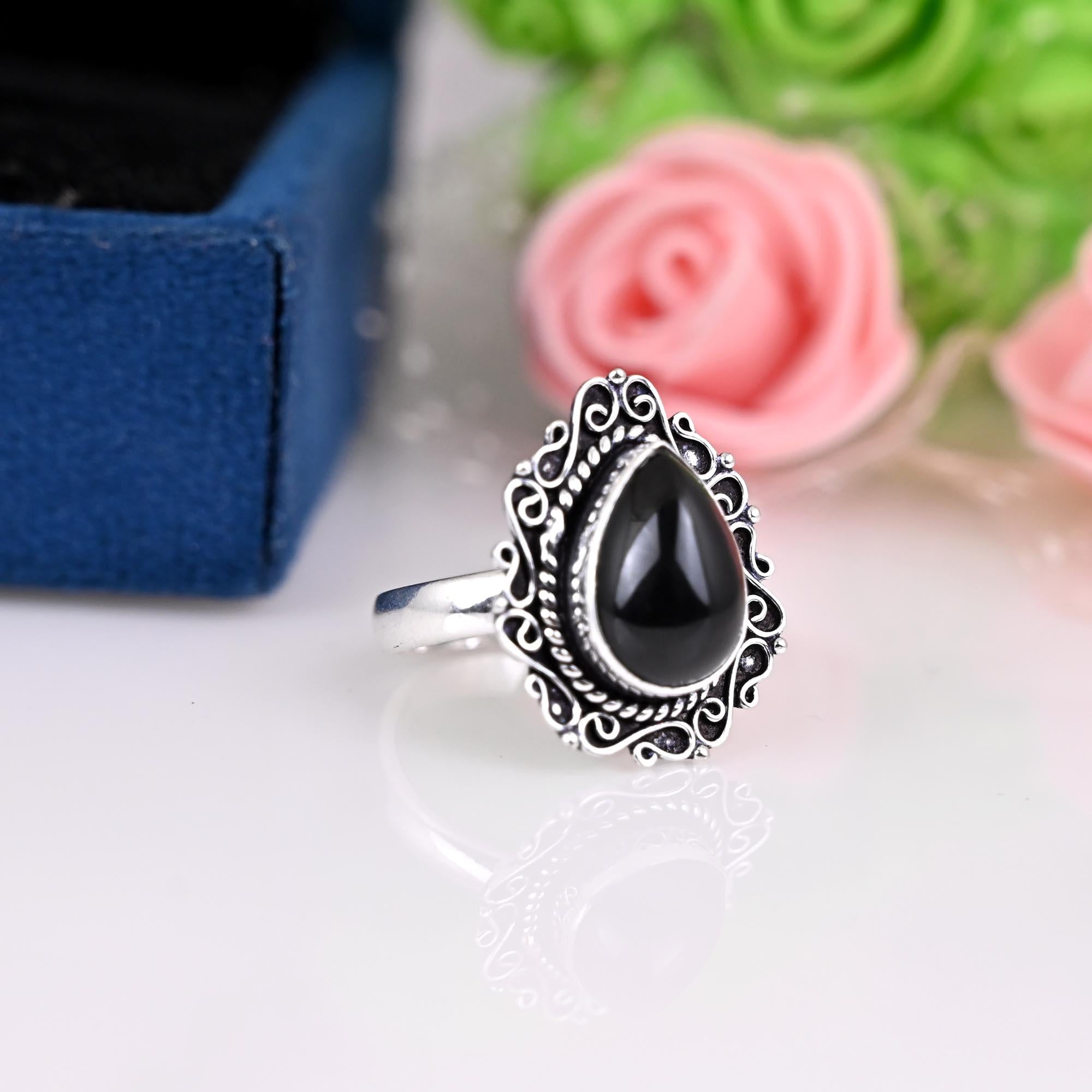 Genuine Black Onyx Ring, Black Onyx Teardrop Ring, Black Onyx Pear Ring, Black Onyx Statement Ring, Boho Silver Ring, Black Stone Ring