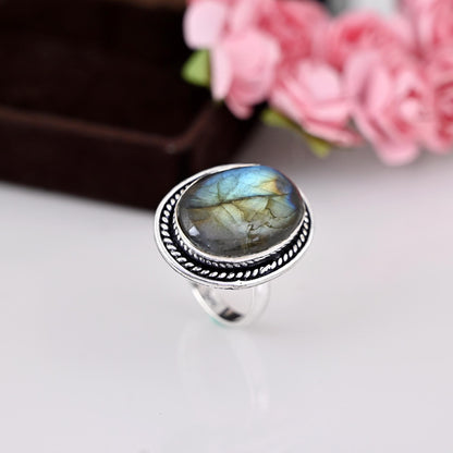 Labradorite Ring for Women, Sterling Silver Ring, Boho Ring, Natural Large Big Blue Stone Ring, Statement Ring